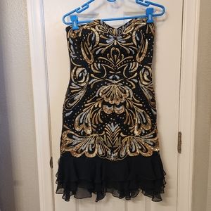 Jovani Black and Gold Strapless Dress